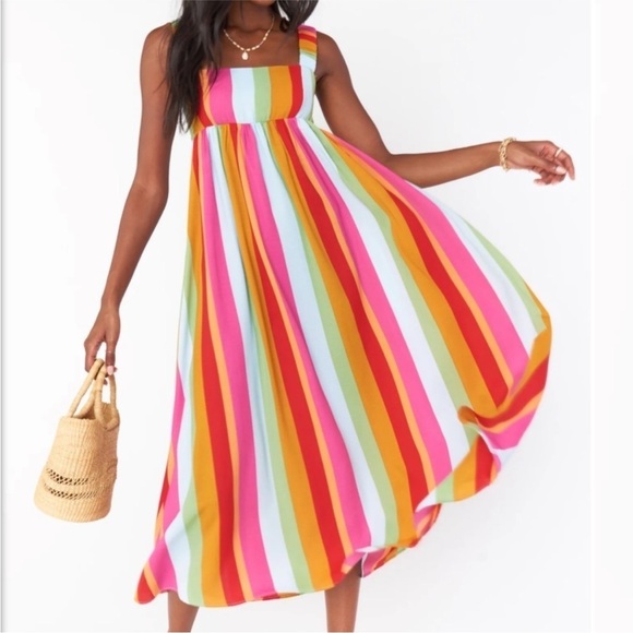 Show Me Your Mumu Vibrant Colorful Stripe Fling Midi Dress In Getaway Stripe - Picture 3 of 8